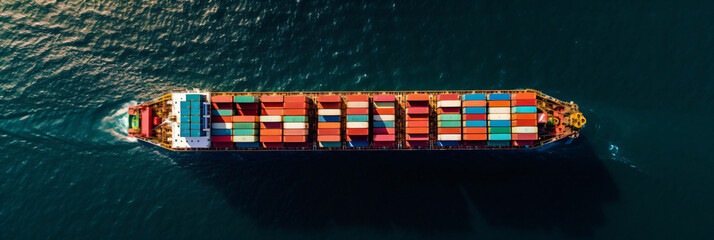cargo ship on the ocean loaded with many containers, economy, trade across the water