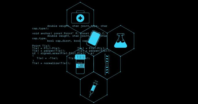 Animation of medical icons and data processing on black background