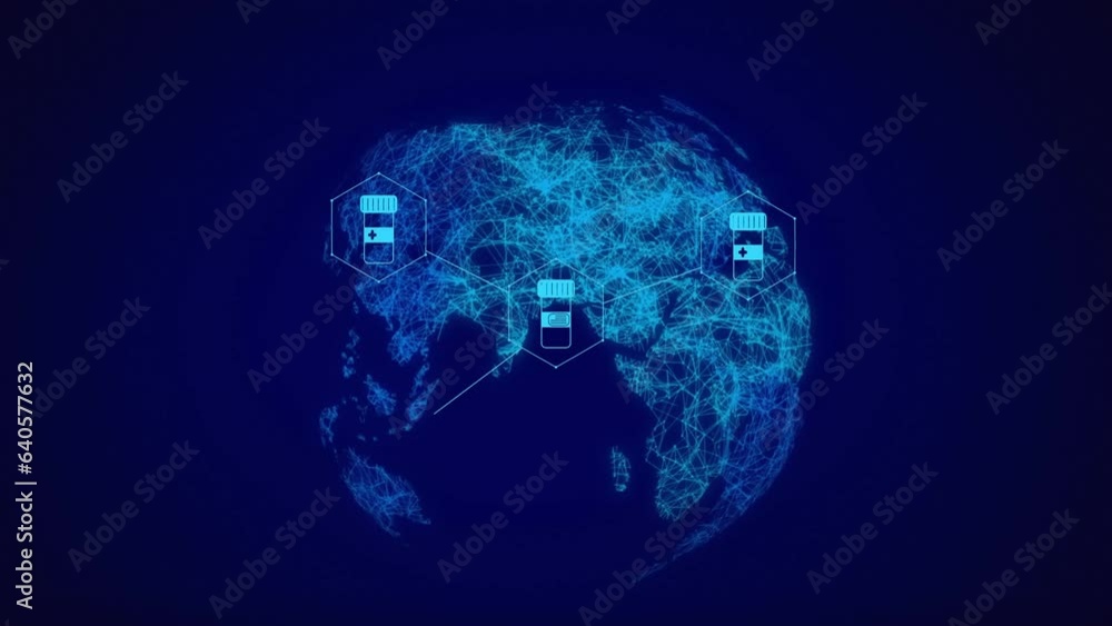 Aufkleber animation of globe with medical icons and data processing on blue background