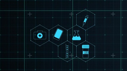Animation of grid with medical icons and data processing on black background
