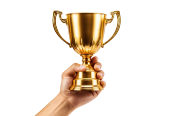 Victory golden cup in male hand, cut out