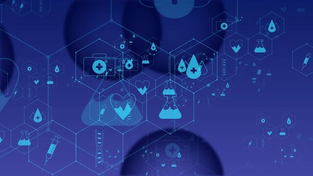 Animation of blue bubbles and medical icons with data processing on blue background
