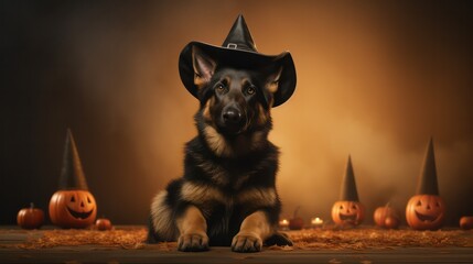 a photograph of cute German Shepherd dog use witch hat for halloween celebration generative ai