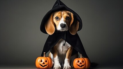 a photograph of cute beagle dog use witch hat for halloween celebration generative ai
