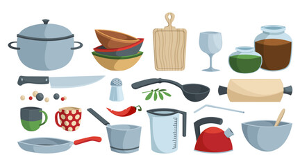 Kitchenware tools. Cartoon flat cooking utensils, spoon bowl pot skillet knife and saucepan, kitchen cooking instruments set. Vector flat collection of cooking kitchen illustration