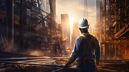workers with unfinished buildings background