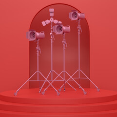 Obraz premium Abstract scene with photography studio flash on a lighting stand on monochrome