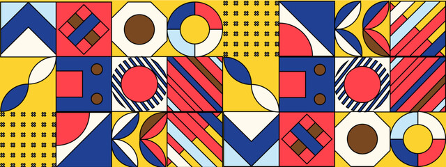 Colorful geometric mosaic seamless pattern illustration with creative abstract shapes. Modern Scandinavian style background print. Trendy and minimalist shape, texture, geometric collage.