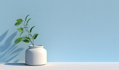 Single branch in a vase on a blue background in a minimalist abstract style