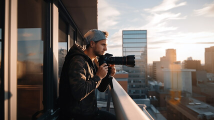 Paparazzi, Traveler or Photographer Man in a Balcony of a Large Building. Looking Around, Taking Photos with a Huge Camera. Image created by Generative AI.