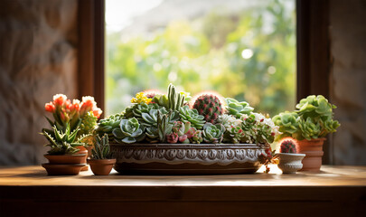 Fototapeta na wymiar Succulent plants and cactus arranged in a pan