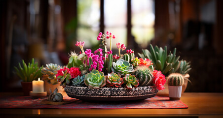 Fototapeta na wymiar Succulent plants and cactus arranged in a pan