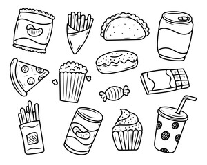 Set of snack vector illustrations in hand-drawn style isolated on white background. Snack doodle illustration
