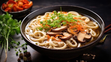 Traditional Japanese udon noodles with mushrooms, close-up on a stone background.