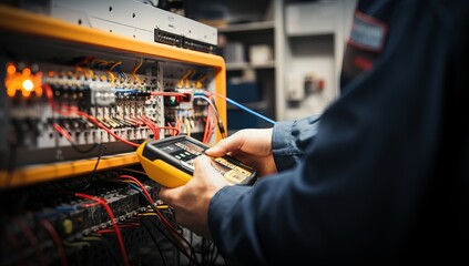 Electrician checking voltage in electrical panel with digital multimeter. Electrical background - obrazy, fototapety, plakaty