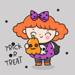 Cute witch halloween girl with pumpkin kawaii card