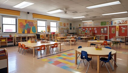 Interior of a school classroom with tables and chairs.