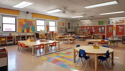 Foto op Canvas Interior of a school classroom with tables and chairs. © Meow Creations