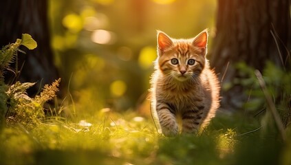 Naklejka na ściany i meble Cute kitten on the grass in the forest at sunset.