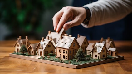 Hand of real estate agent placing wooden house model on the table.