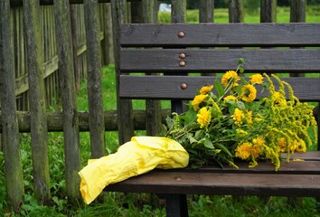 Gelber Blumenstrauß eingewickelt in gelbem Papier liegt auf alter brauner Holzbank vor Holzzaun...