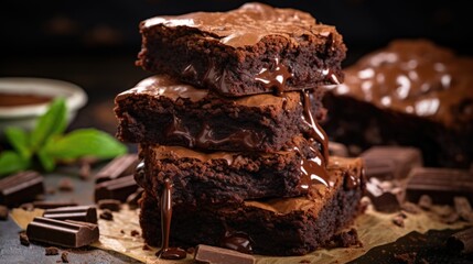 Stack of homemade dark chocolate brownies - obrazy, fototapety, plakaty
