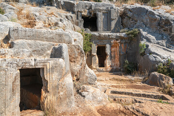 Scenic viev of rock tombs in the Limyra, Lycian region. There are more than 400 rock tombs and most of them are known by name through their inscriptions in Lycia
