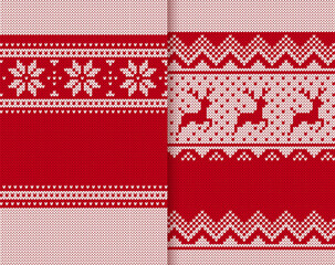 Knitted seamless ornaments. Christmas red textures. Knit fair isle traditional frames. Xmas print. Holiday background. Festive sweater border. Vector illustration.