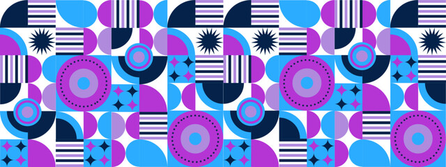 Modern retro Bauhaus pattern vector flat mosaic cover wide banner with geometric shapes
