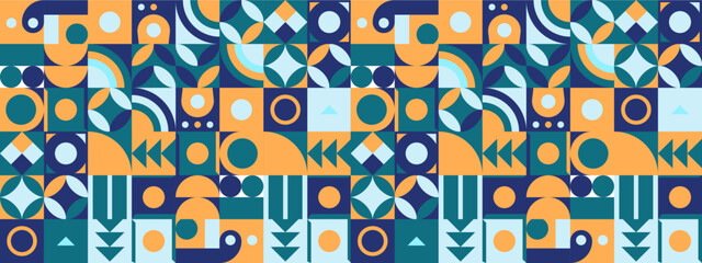 Modern retro Bauhaus pattern vector flat mosaic cover wide banner with geometric shapes