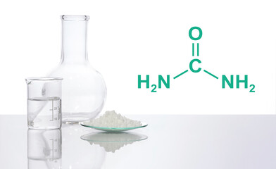 Carbamide in chemical watch Glass place next to crystal clear liquid in beaker and flat bottom...