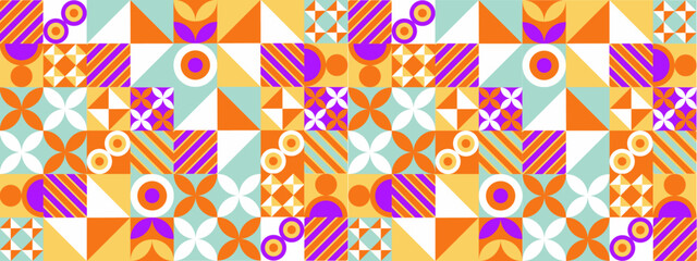 Modern retro Bauhaus pattern vector flat mosaic cover wide banner with geometric shapes