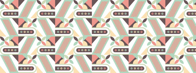 Obraz premium Abstract Geometric Pattern Artwork. Retro colors and color background. Grid with colored geometric shapes. Modern abstract promotional flyer, background, brochure, pattern.