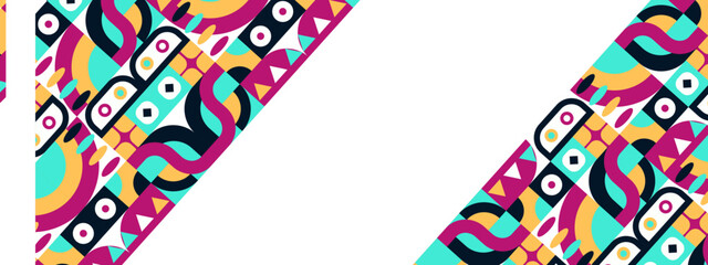 Abstract Geometric Pattern Artwork. Retro colors and color background. Grid with colored geometric shapes. Modern abstract promotional flyer, background, brochure, pattern.