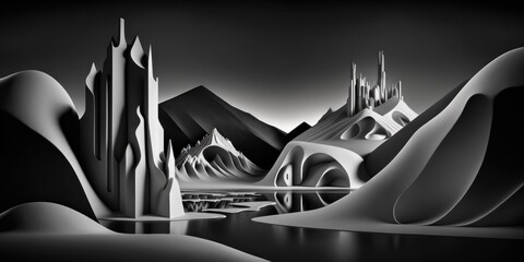 3d illustration of abstract background with mountains and lake in black and white. 