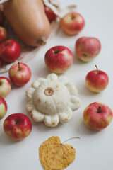 hello autumn card with fresh red apples on white background top view