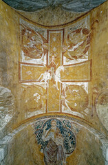 Christ on a White Horse. French Romanesque mural fresco painting on a vault of the crypt, Auxerre...