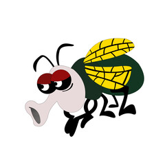 Vector illustration of cute cartoon small flying dark green insect with big googly eyes and protruding proboscis. This vector is perfect for stickers, mascots, educational and children's drawings