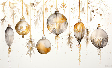 Golden Christmas decorations on white background