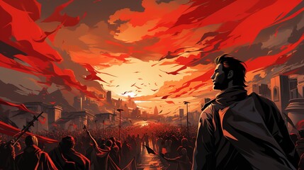 Fototapeta premium Sumpah Pemuda，The young men cheered with flags in their hands，AI generated.