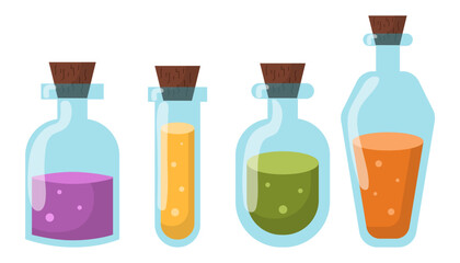 Happy Halloween set of illustrations of flasks with potion. Game potion.  Magic phials 2D game UI icon asset, magic bottles for witchcraft, cartoon elixir, love potion poison and antidote.