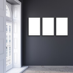 Mockup poster 3 frames in modern interior living room background with black wall, 3d render.