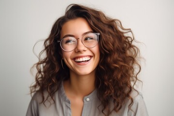 Obraz premium Young pretty girl in glasses with curly brown hair laughing. Haircare cosmetic ad. Generative AI