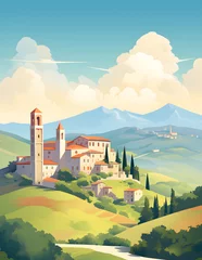 Foto op Plexiglas Vintage Poster in Flat, Bright Colors and Vector Style, Cut-Out Paper Look, Subject: Italy, Tuscany Generative AI © Cristiano
