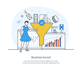 Business funnel process, digital marketing and e-business technology. Sales funnel management for efficiency optimizing, big data or sales marketing concept thin line design of vector doodles