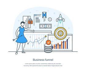 Business funnel process, digital marketing and e-business technology. Sales funnel management for efficiency optimizing, big data or sales marketing concept thin line design of vector doodles