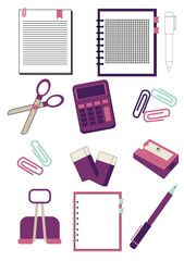 Office set, School set. Office objects set. Notebook, calculator, pin, clips, eraser...