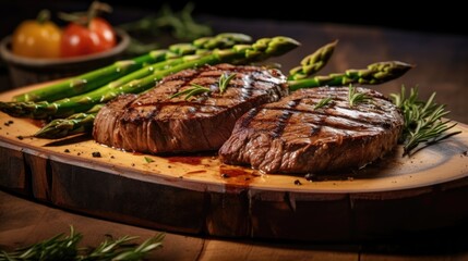 Grilled beef tenderloin steaks with onions and asparagus on a wooden plate