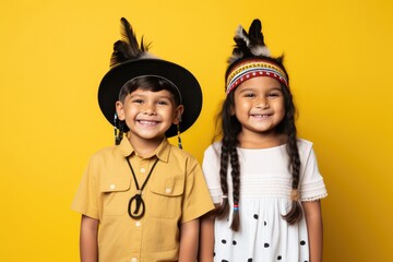 Native americans indigenous happy children portrait on yellow studio background. Pride native tribes of Americas