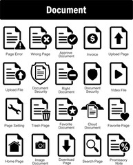 A set of 20 Document icons as page error, wrong page, approve document